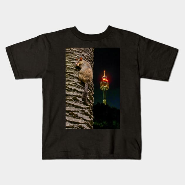 Brushtailed Possum in Hyde Park, Sydney, NSW, Australia Kids T-Shirt by Upbeat Traveler